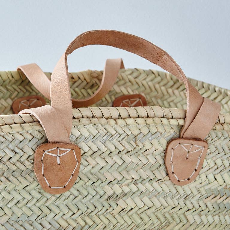 Parisienne Market Basket Bag - Straw, pink leather handles