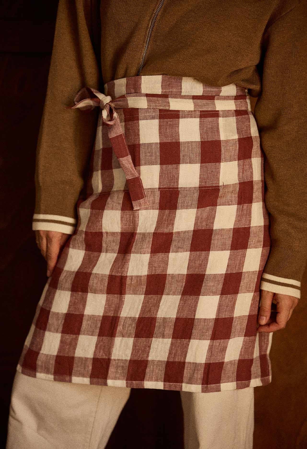 Gabrielle Washed Linen Half Apron: Berry Gingham