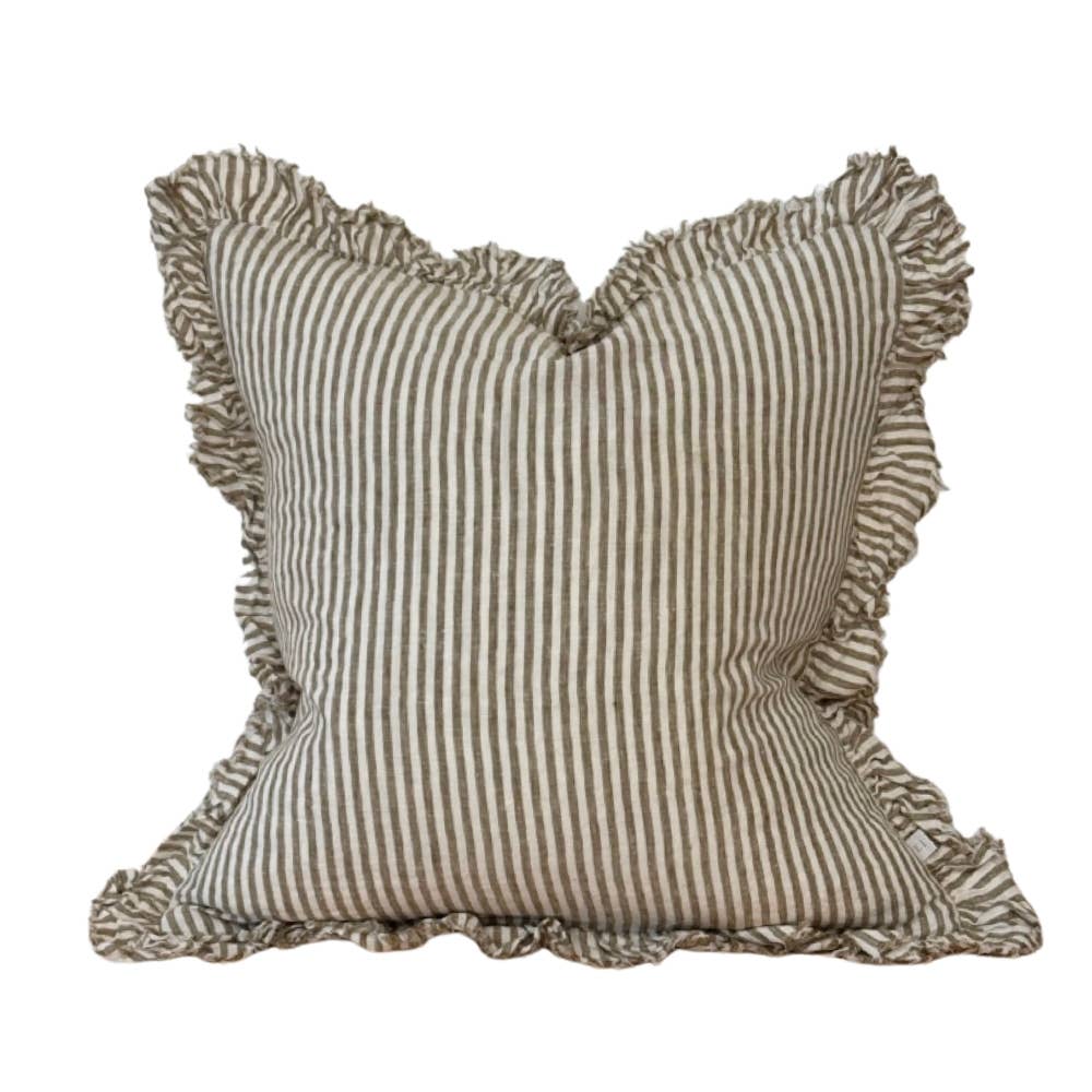 Hallie Ruffled Linen Cushion – Olive Stripe: 45x45 cm