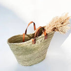 Parisienne Market Basket Bag - Straw, Brown leather handles