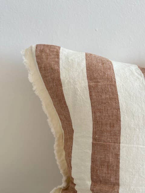 Esmee Frayed Edge Linen Cushion – Rust Wide Stripe: 45 x 45 cm