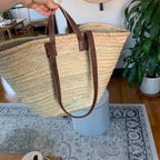 Parisienne Market Basket Bag - Straw, Brown leather handles