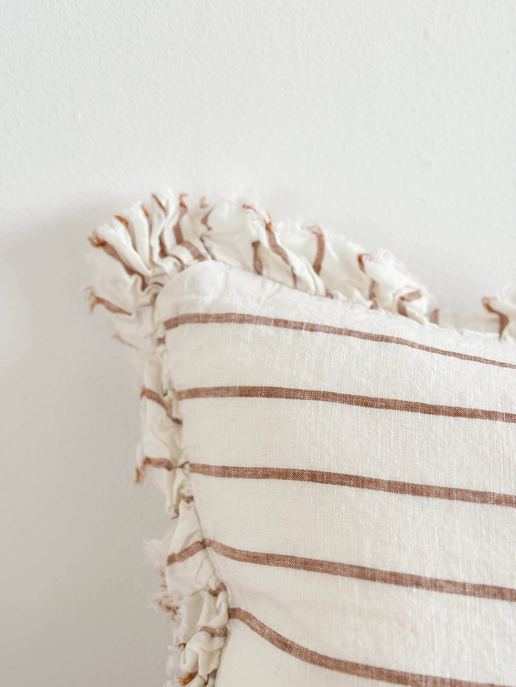 Hallie Ruffled Linen Cushion 50x30cm – Brown & Cream Stripe