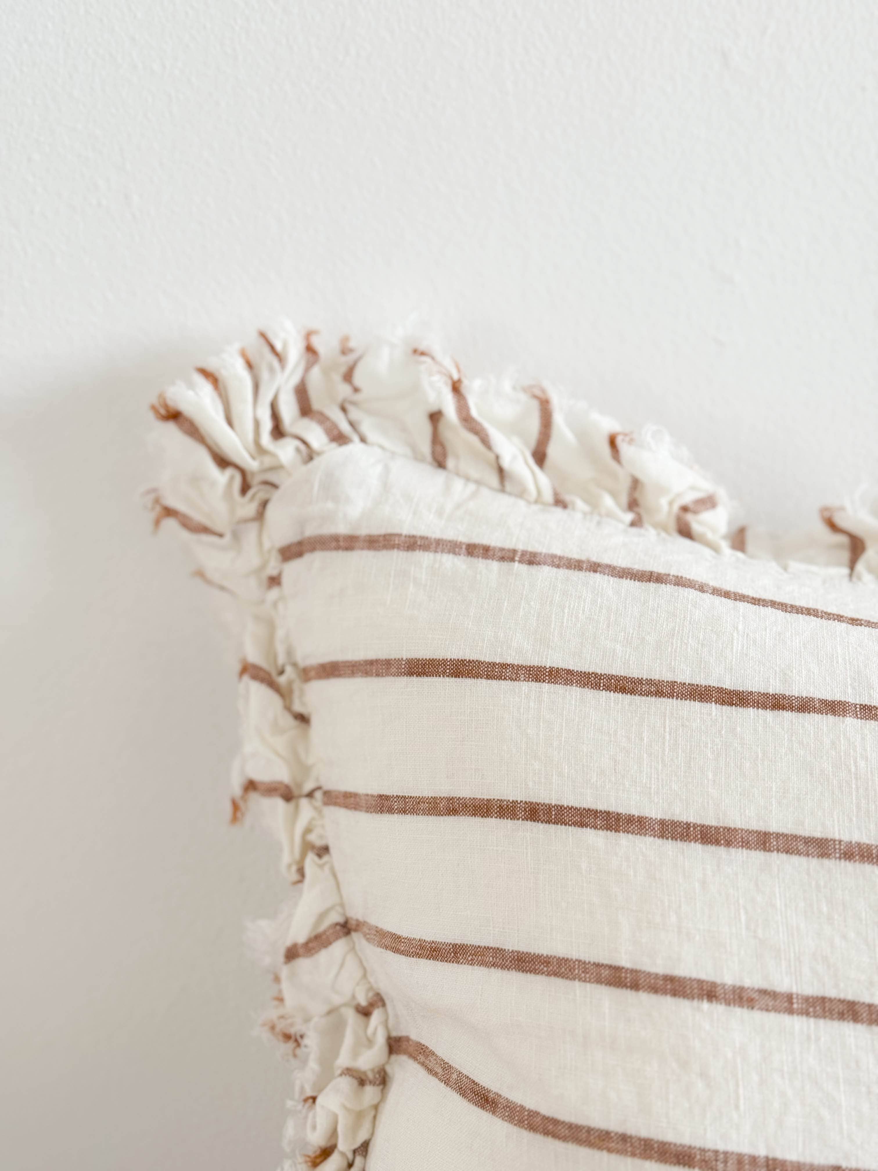 Hallie Ruffled Linen Cushion 50x30cm – Brown & Cream Stripe