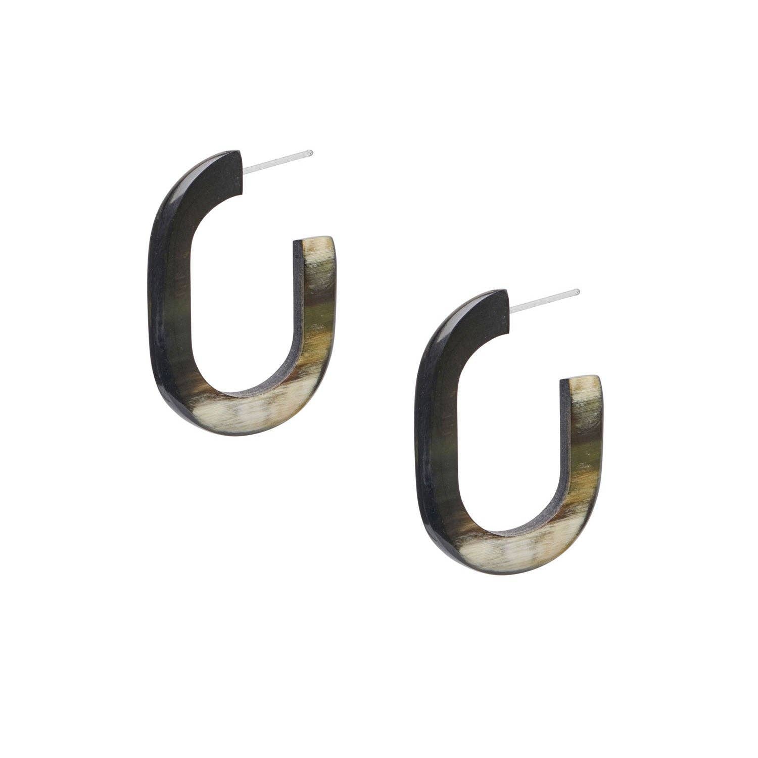 BRANCH - ELARA Handmade Black Oblong Natural Horn Hoop Earrings - Buffalo Horn