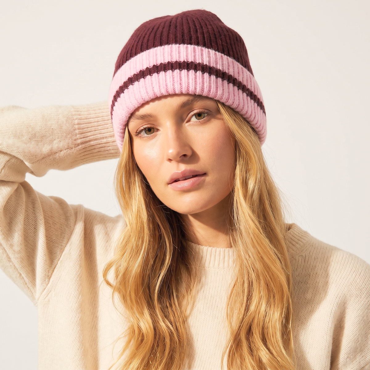 Woolen Striped Beanie Hat - Berry and Pink