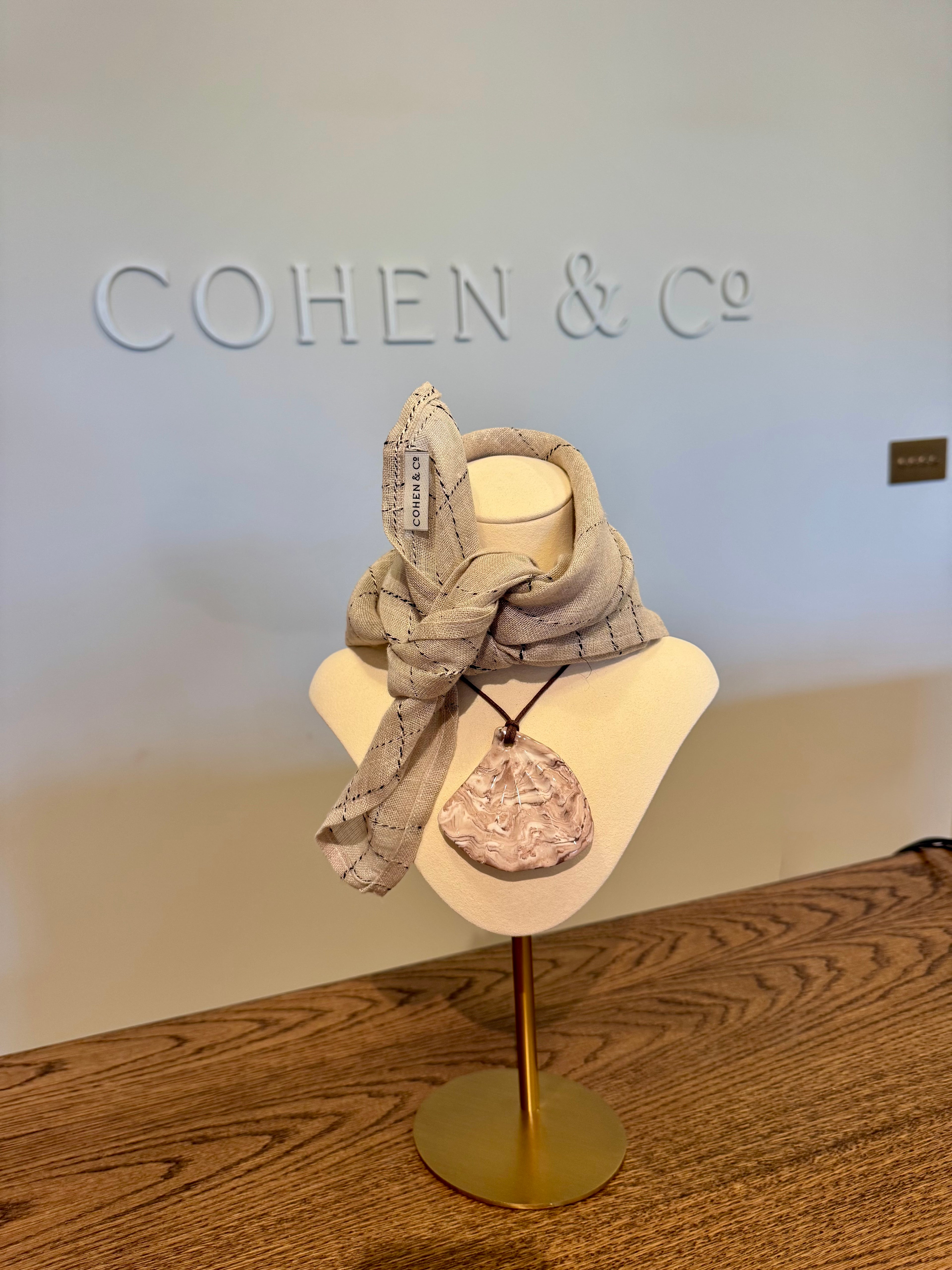Clara Linen Neck Scarf - Natural, Twine check