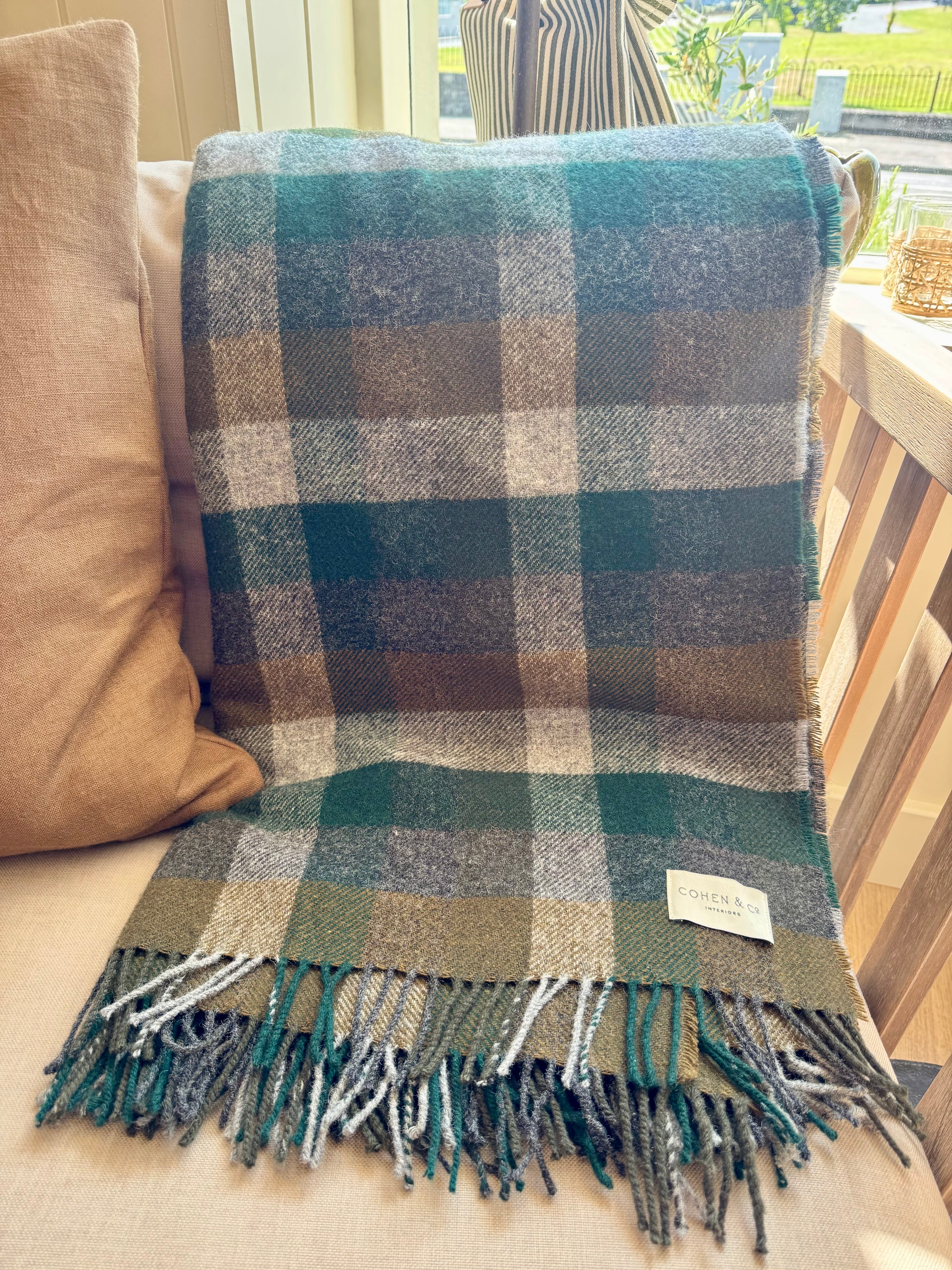 Reuben Merino Lambswool Throw - Green & Brown Check
