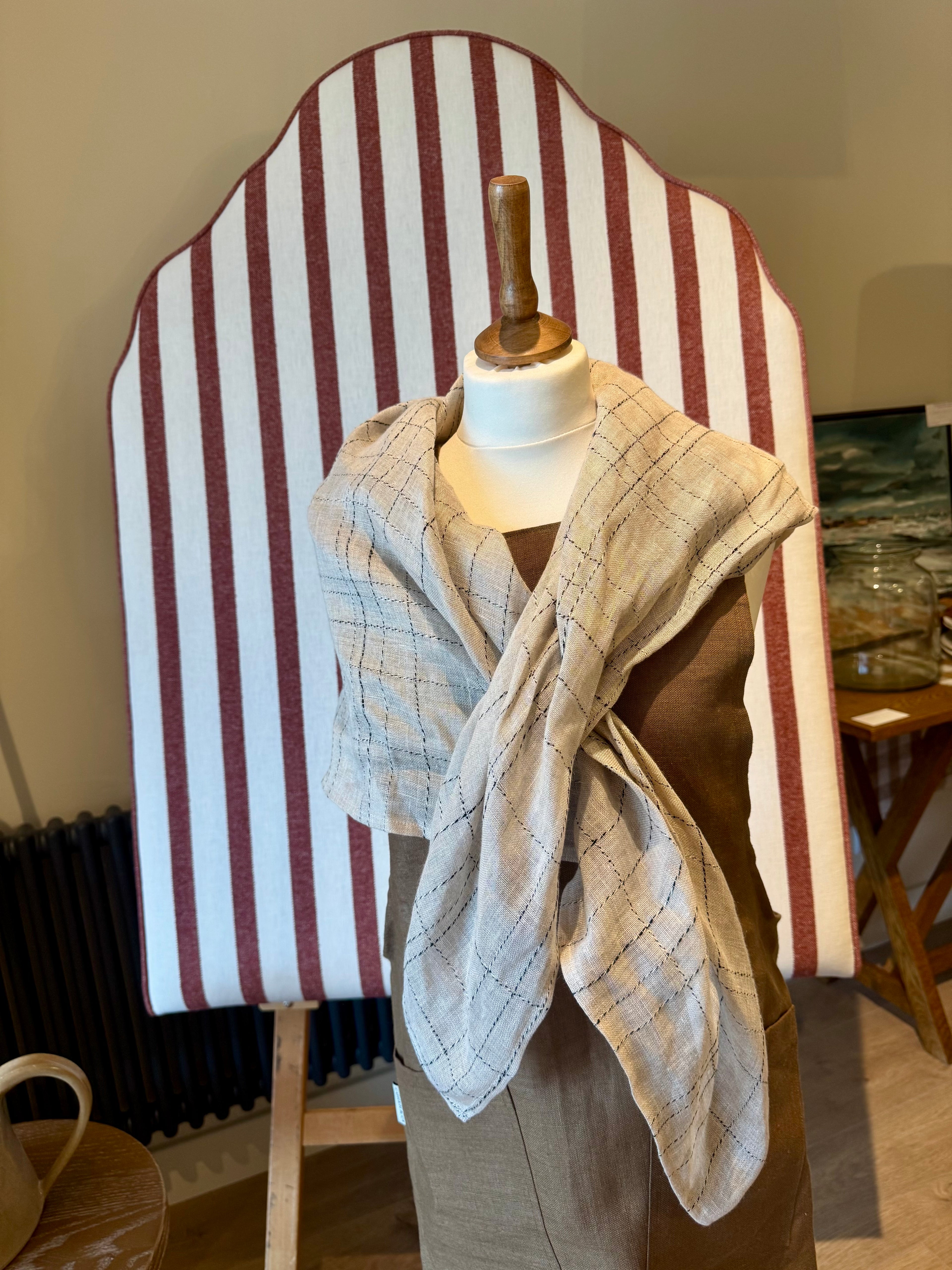 Clara Linen Neck Scarf XL - Natural, Twine check