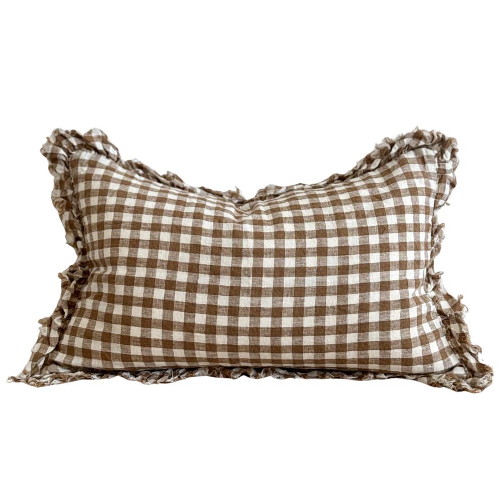 Hallie Ruffled Linen Cushion 50x30cm – Brown Gingham