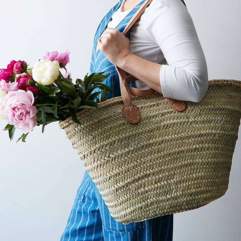 Parisienne Market Basket Bag - Straw, pink leather handles