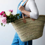 Parisienne Market Basket Bag - Straw, pink leather handles