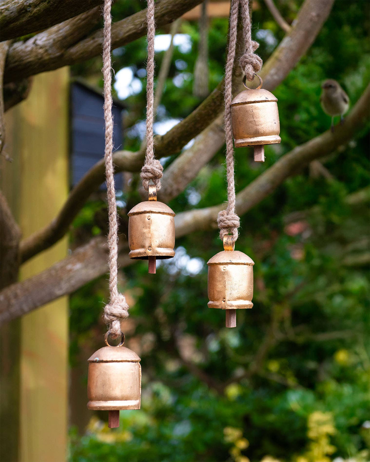 Four Vintage Bells on Rustic Rope