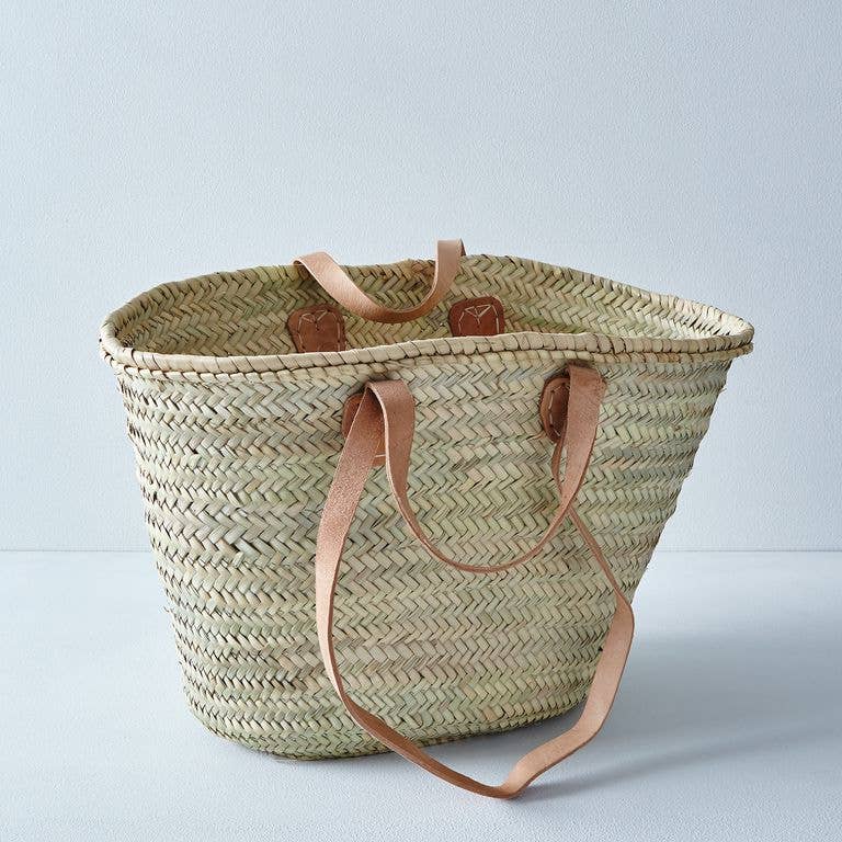 Parisienne Market Basket Bag - Straw, pink leather handles