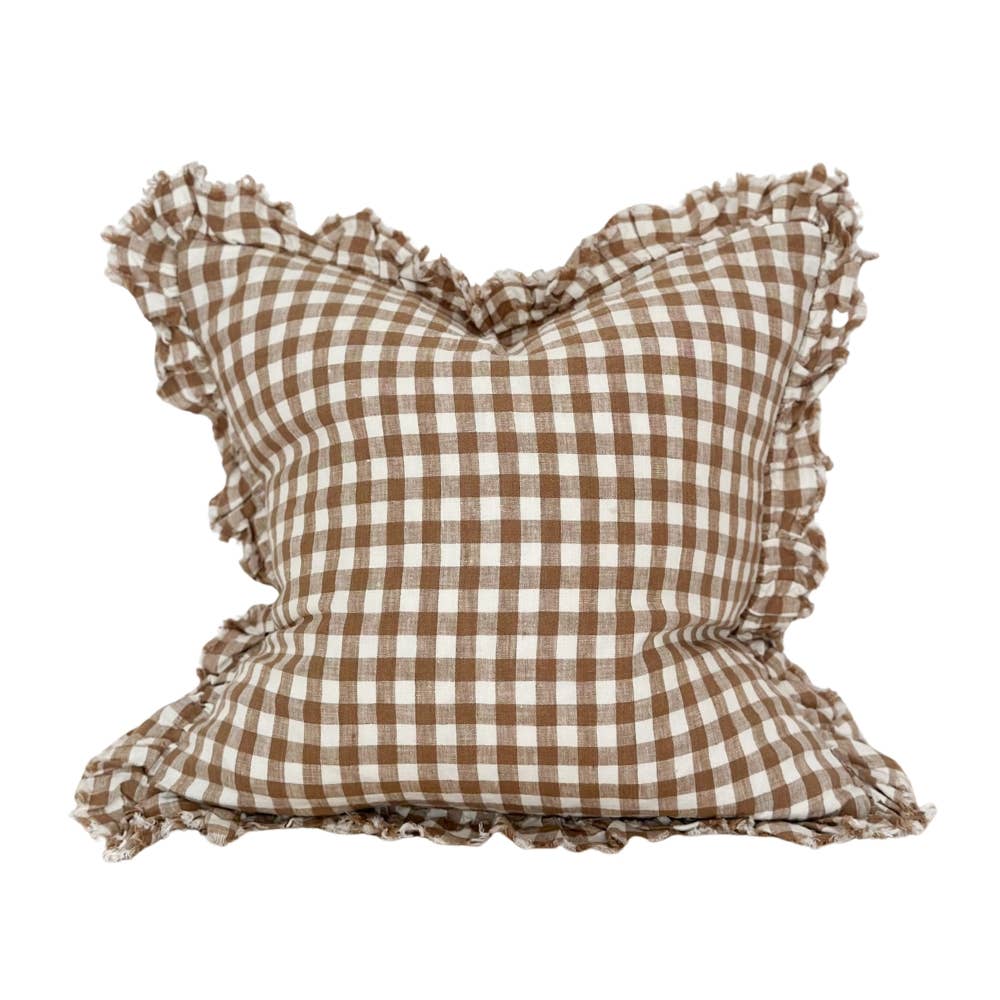 Hallie Ruffled Linen Cushion Cover Brown Gingham: 45x45 cm