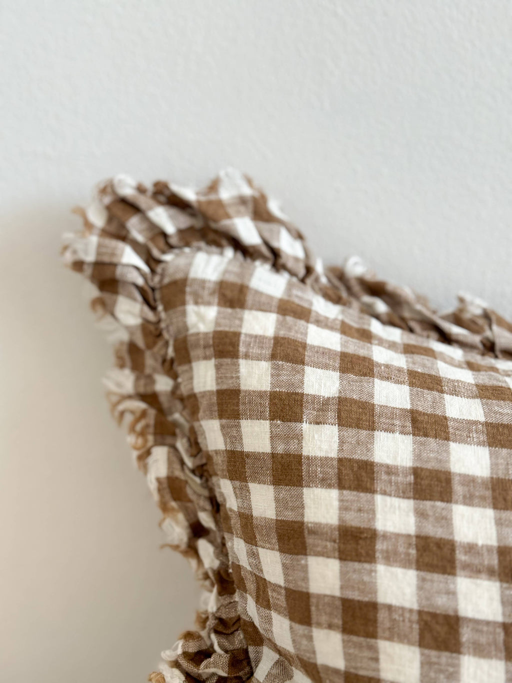 Hallie Ruffled Linen Cushion 50x30cm – Brown Gingham