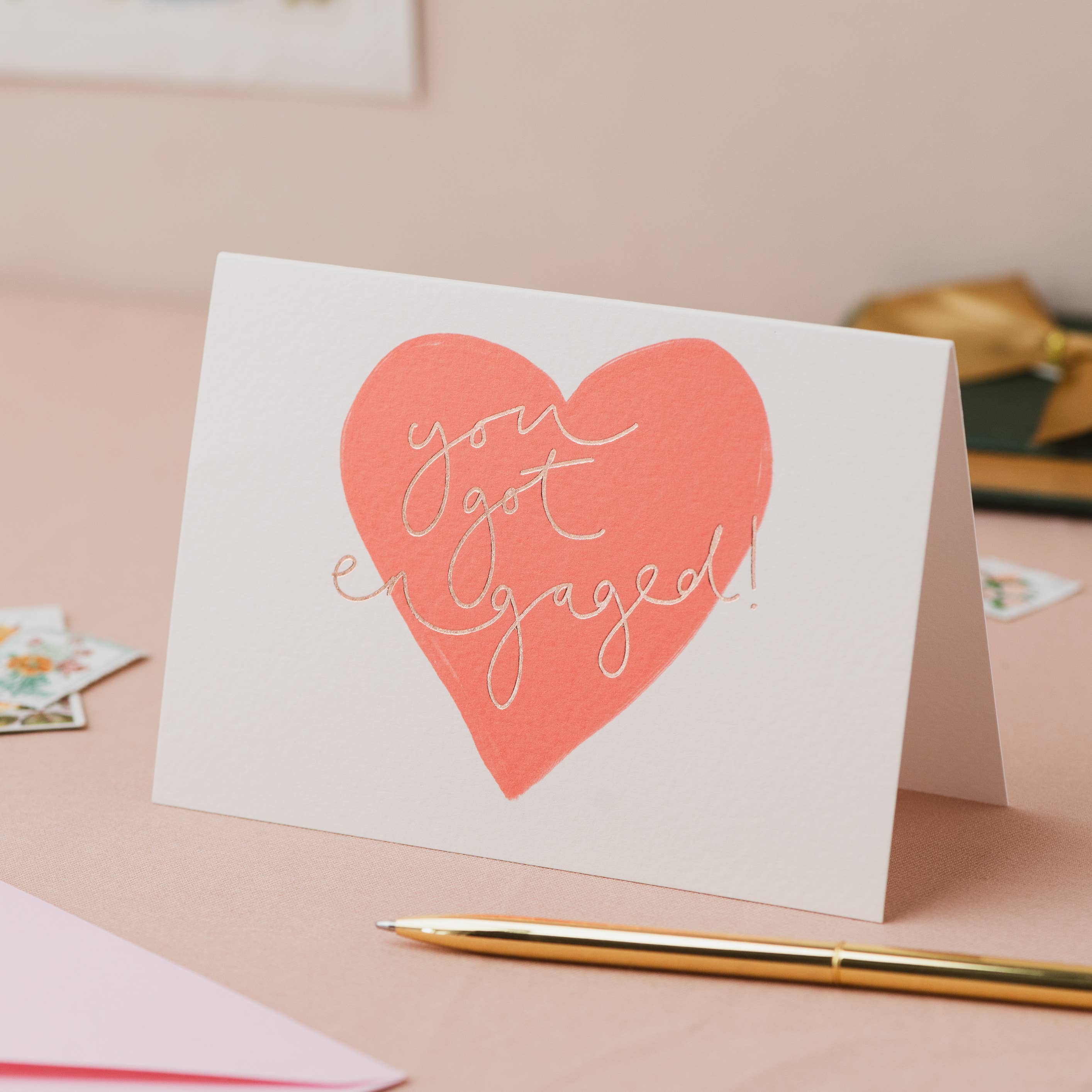'You got engaged' Red Heart Rose Gold Foil Card