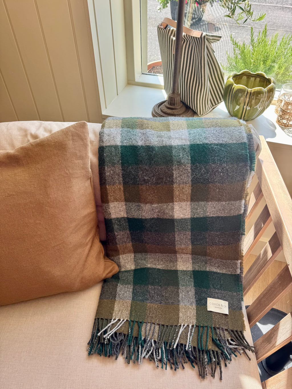 Reuben Merino Lambswool Throw - Green & Brown Check