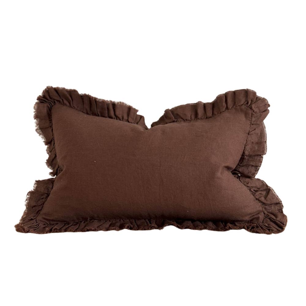 Hallie Ruffled Linen Cushion 50x30cm – Chocolate Brown