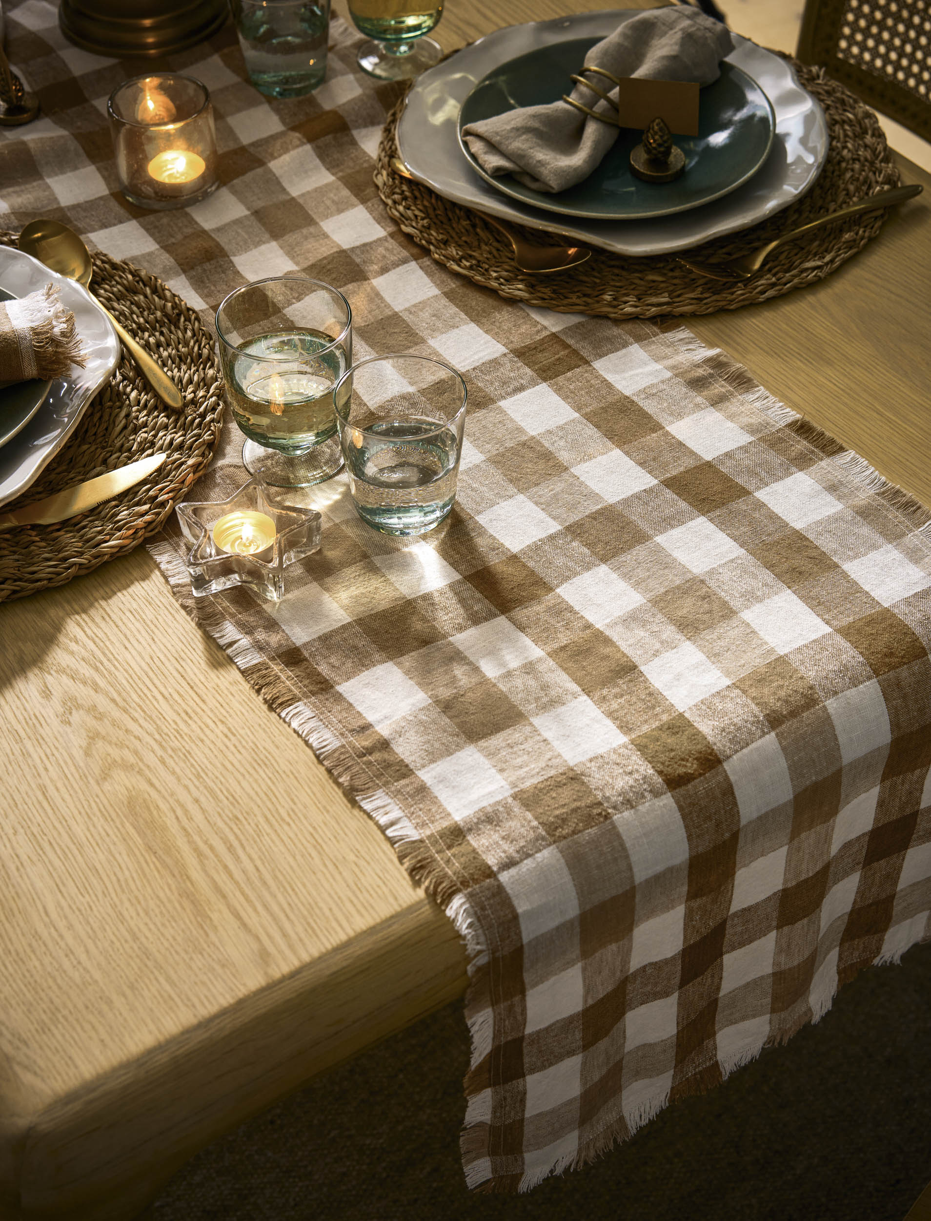 Lovatt Checked Table Runner - Linen, Truffle
