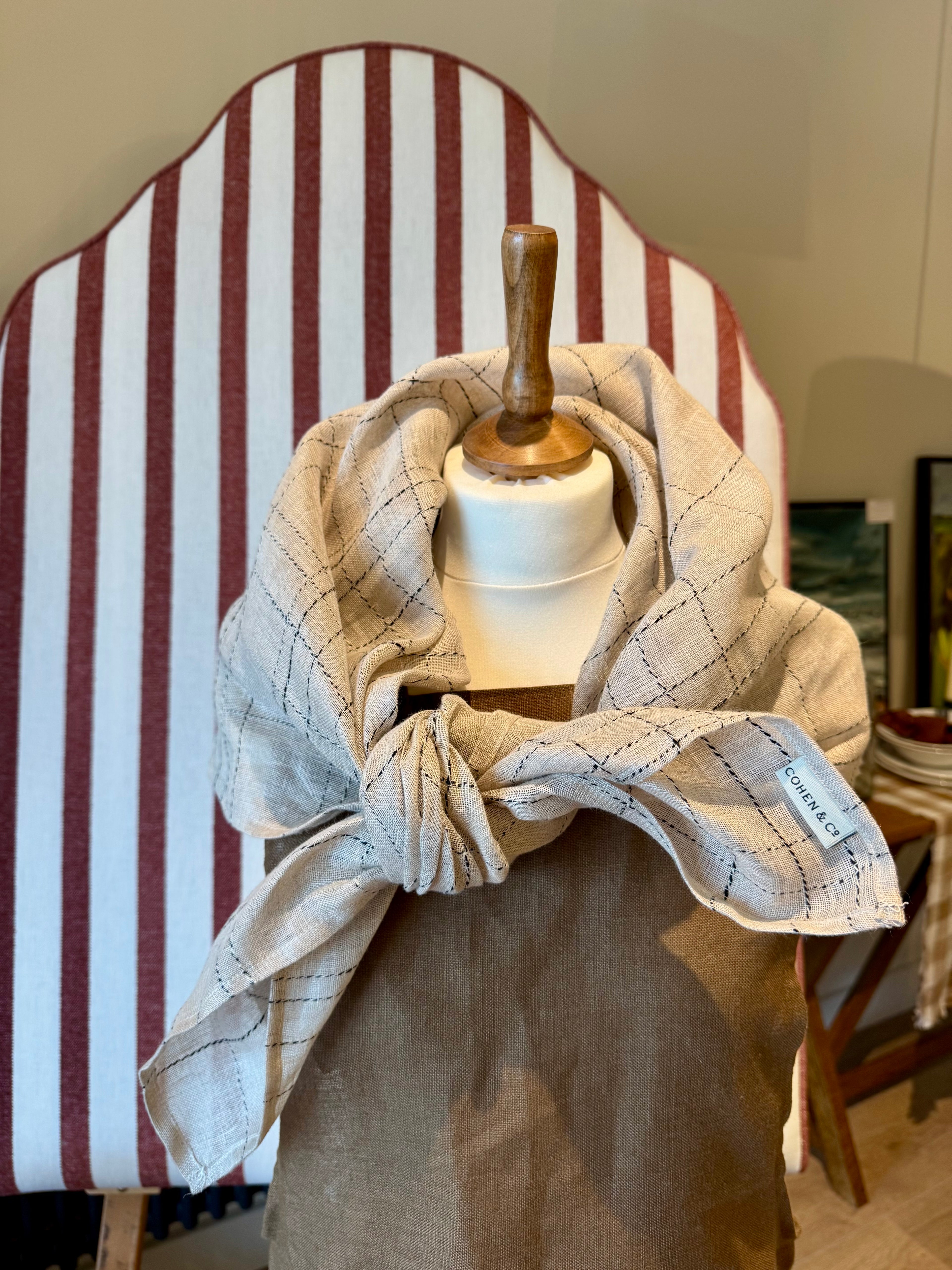 Clara Linen Neck Scarf XL - Natural, Twine check