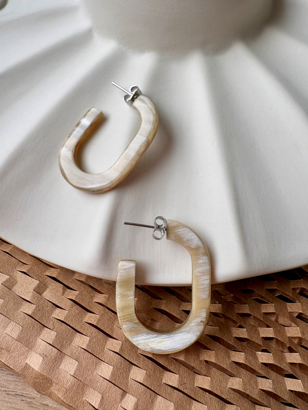 Branch - Elara Handmade White Oblong Natural Horn Hoop Earrings - Buffalo Horn