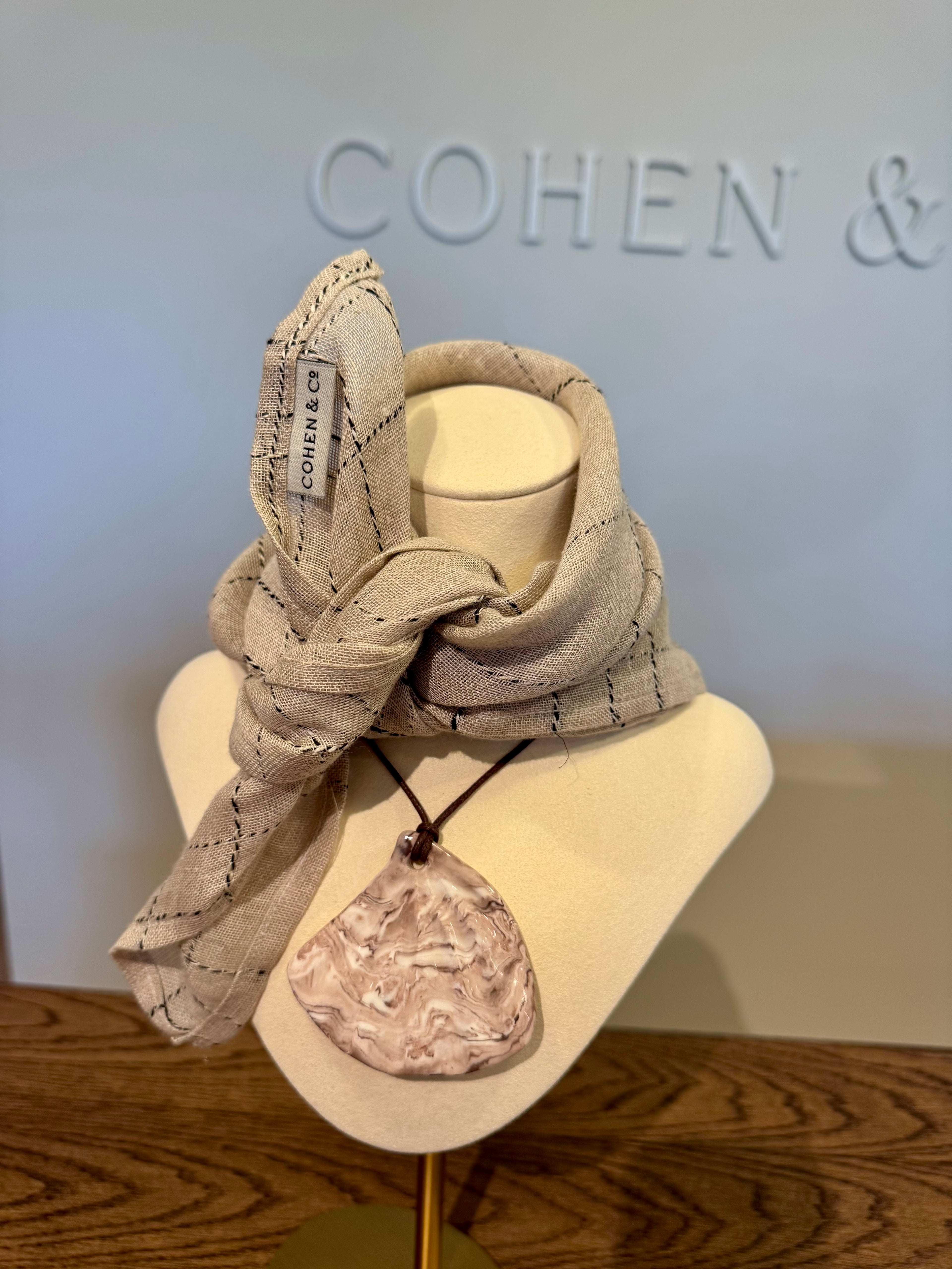 Clara Linen Neck Scarf - Natural, Twine check