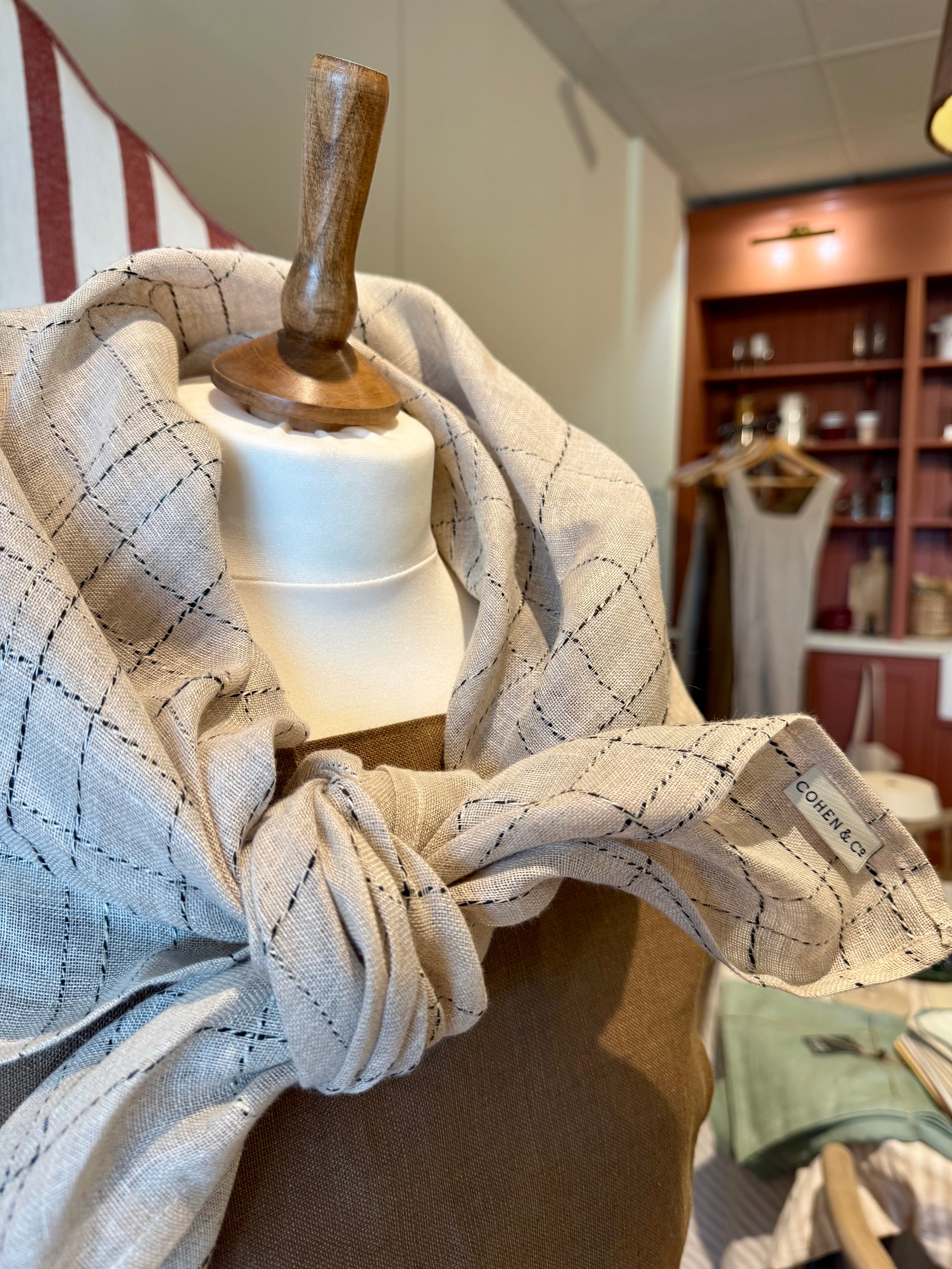 Clara Linen Neck Scarf XL - Natural, Twine check