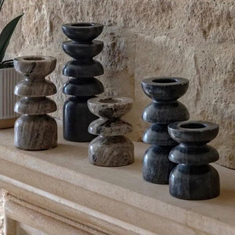 Marble Candle Holder Pair - Grey