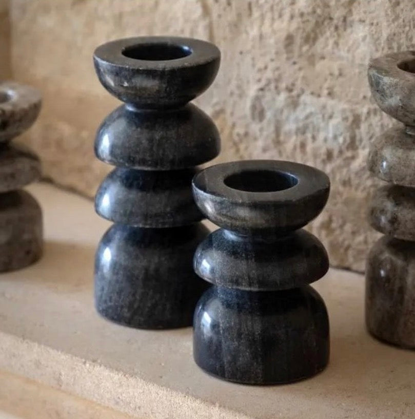 Marble Candle Holder Pair - Black
