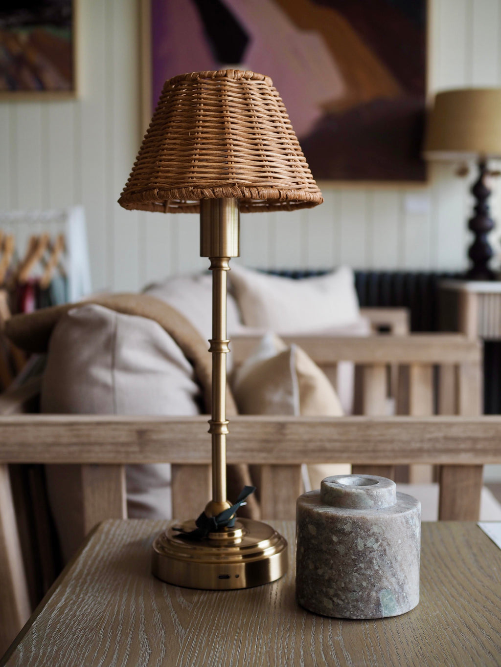 Brushed Brass Table Lamp with Rattan Shade - Rechargeable