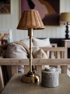 Brushed Brass Table Lamp with Rattan Shade - Rechargeable