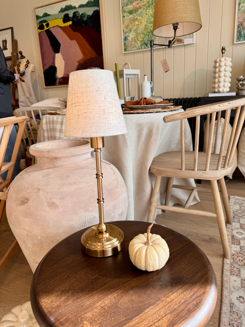Brushed Brass Table Lamp with Linen Shade - Rechargeable