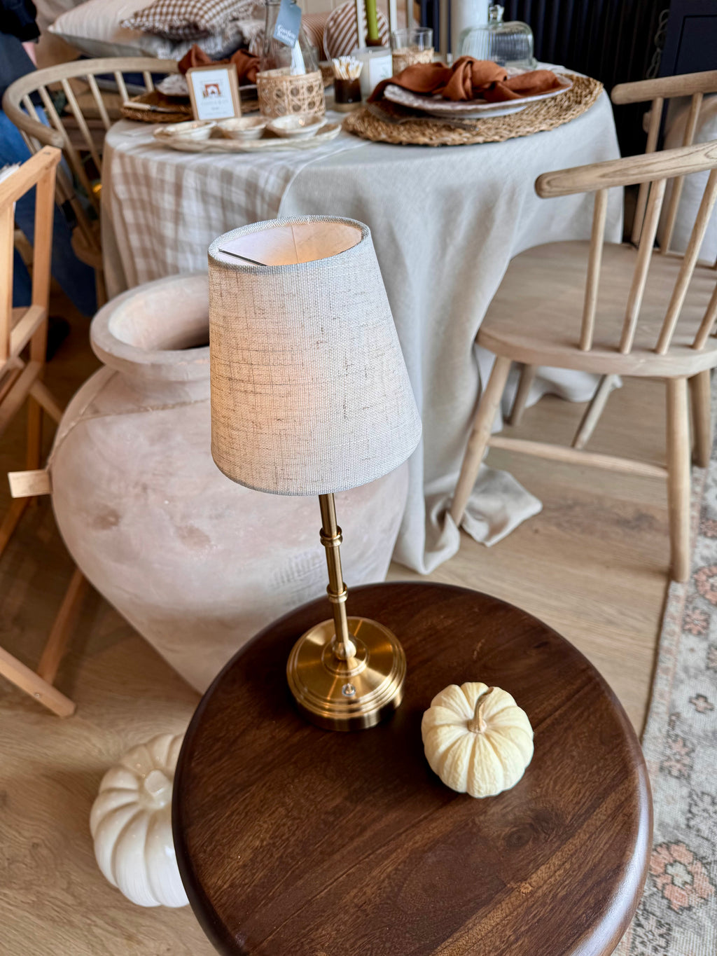 Brushed Brass Table Lamp with Linen Shade - Rechargeable