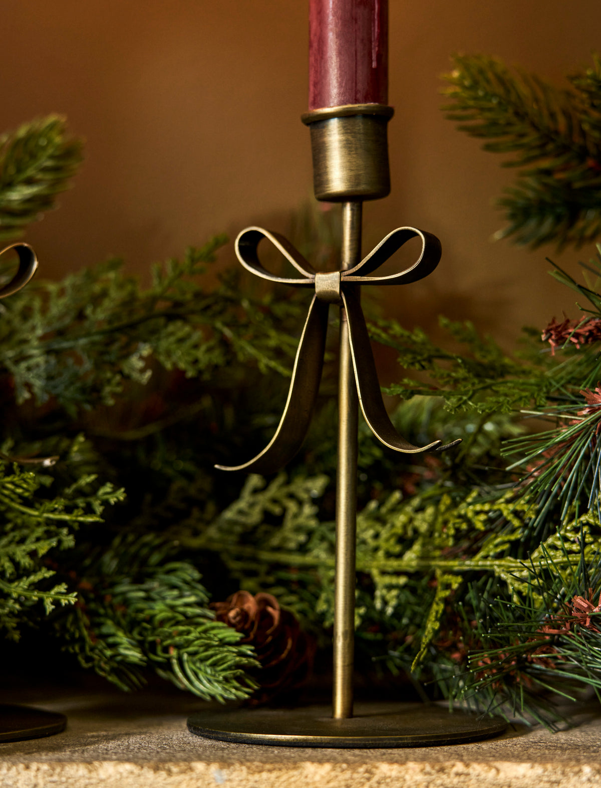 Antique Brass Bow Candle Holders - Set of 2, Large