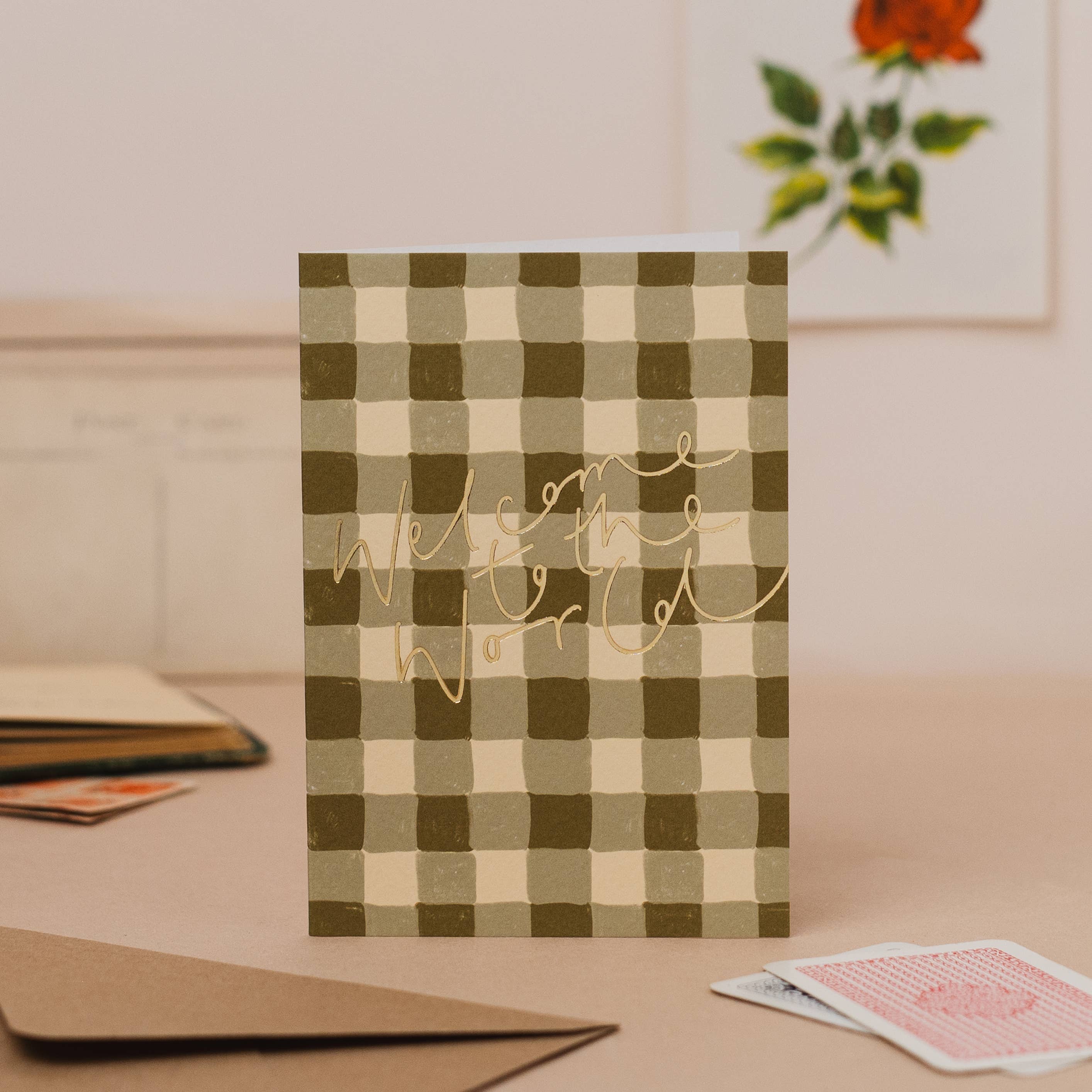 'Welcome to the World' Green Gingham New Baby Foil Card