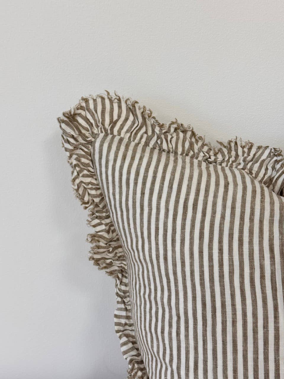 Hallie Ruffled Linen Cushion – Olive Stripe: 45x45 cm